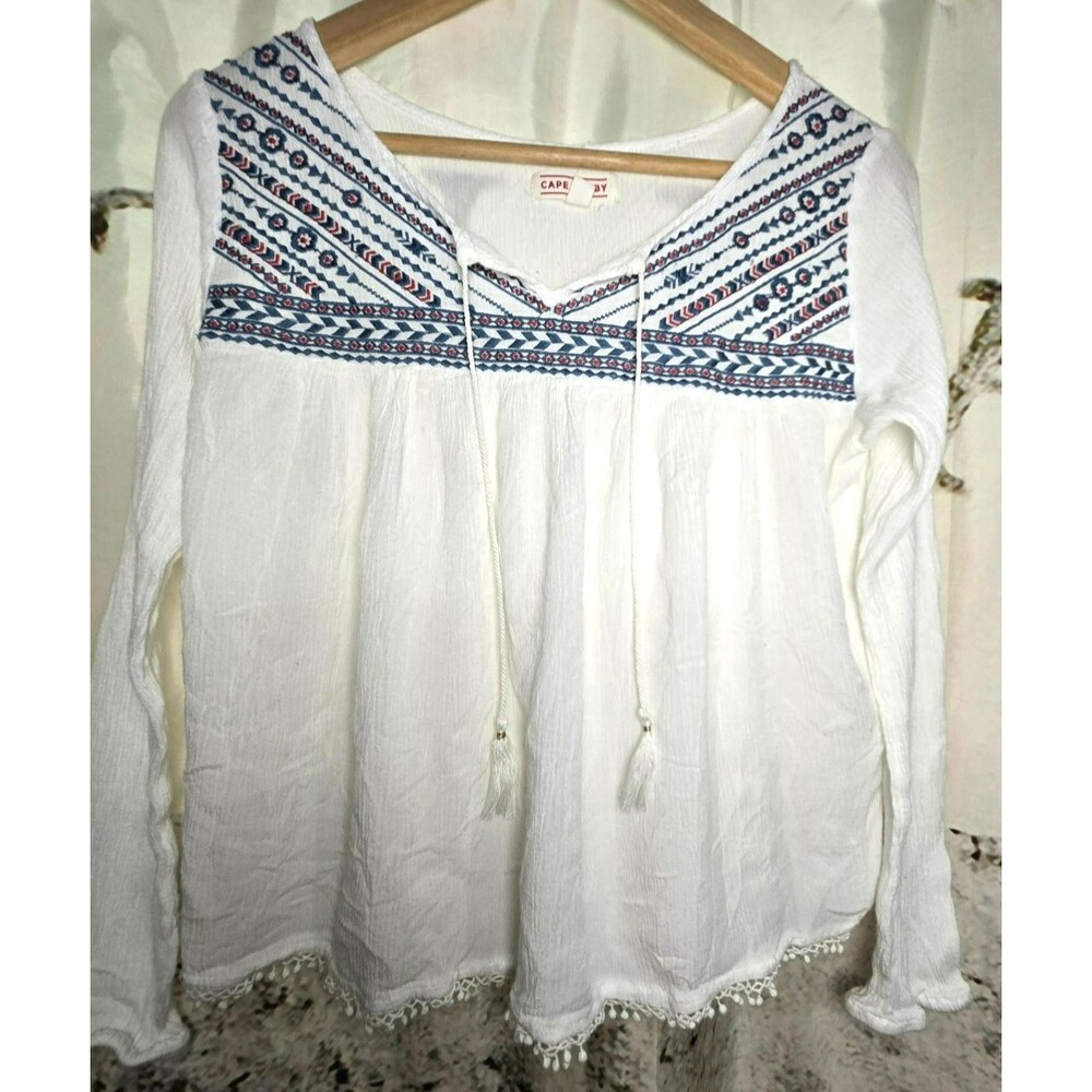 Cape Juby White Embroidered Boho Peasant Top Blouse Long Sleeve Pom Pom Trim Siz